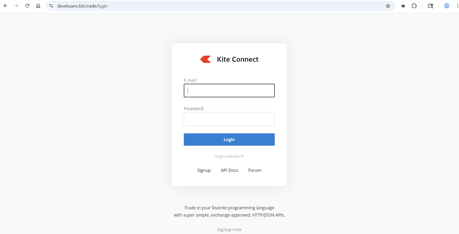 Kite Connect login page at developers.kite.trade
