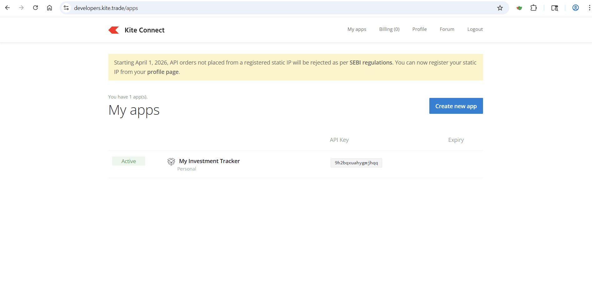 Kite Connect My Apps page highlighting the Create new app button