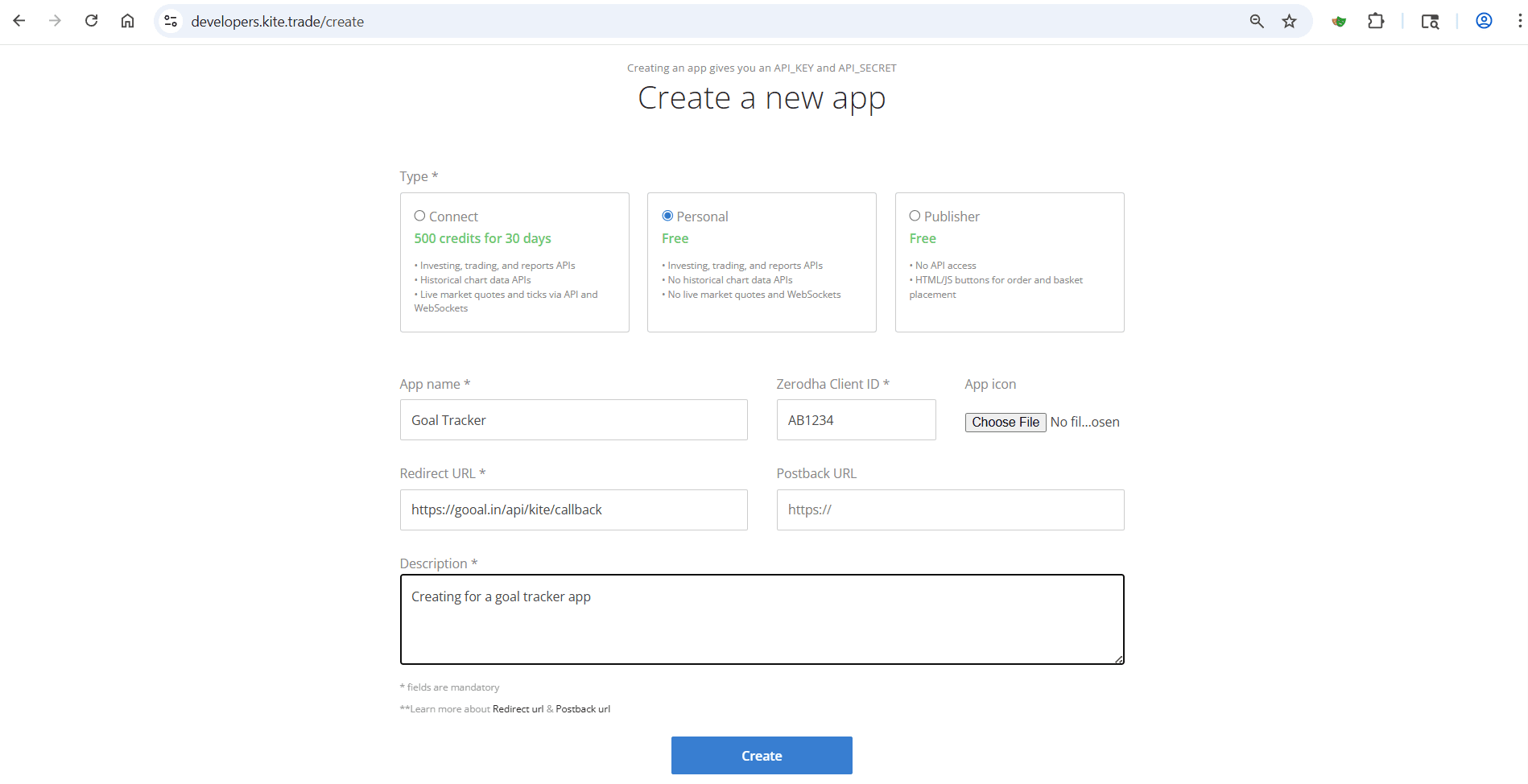 Create new app form with Personal type selected