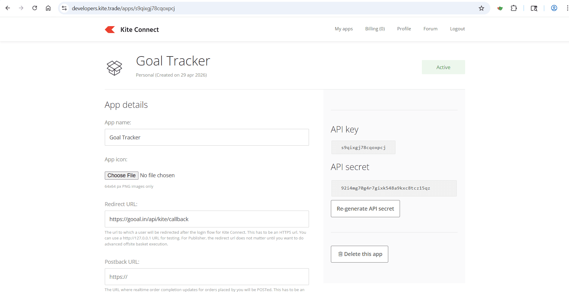 App details page showing API key and API secret to copy